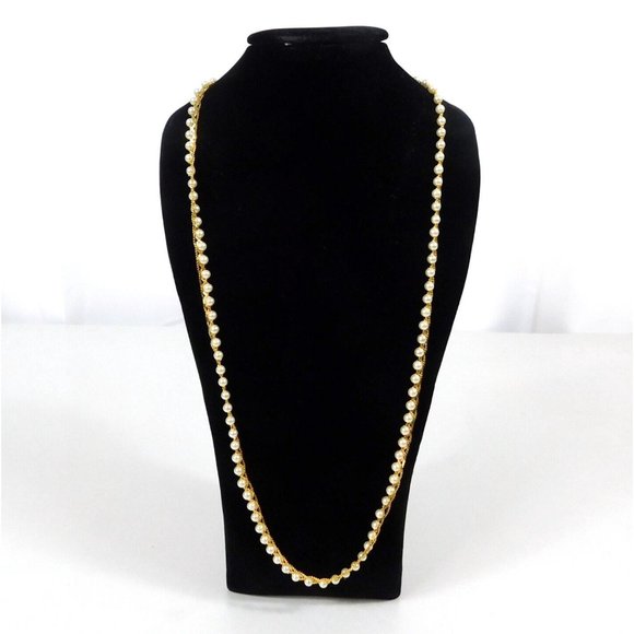 Vintage Signed Napier Faux Pearl Woven Gold Tone Necklace Chain 24" - Picture 7 of 9
